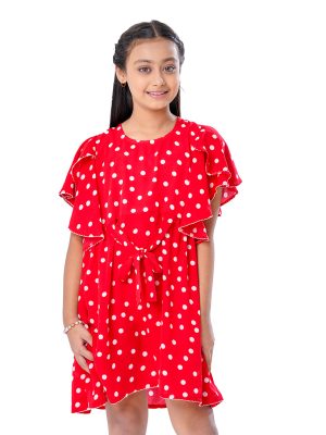 Red Frock in printed Georgette fabric. Designed with a round neck and overlap flounce sleeves. Detailed with tie-waist belts at the front. Gathers on the hemline. Button opening at the back. Viscose lining in half-body.