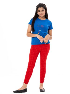 Red all-over printed legging in stretchable Cotton fabric. Concealed elastication at the waistline.