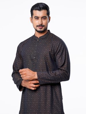 Black Semi fitted Panjabi in Jacquard Cotton fabric. Matching metal button opening on the chest.