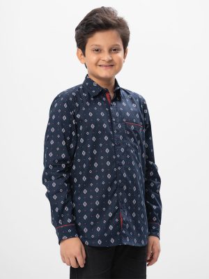 Navy Blue casual shirt in printed Cotton fabric. Designed with a classic collar, long sleeves, and a chest pocket.