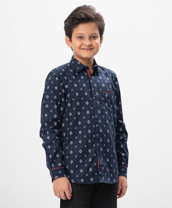 Navy Blue casual shirt in printed Cotton fabric. Designed with a classic collar, long sleeves, and a chest pocket.