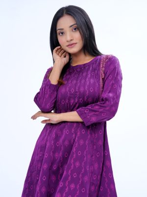 Purple all-over printed A-line Tunic in Crepe fabric. Designed with a low mock neck and three-quarter sleeves. Embellished with pin tucks at the top front and cuffs. Button opening at the back. Unlined.