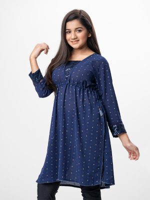 Navy Blue all-over printed Straight-cut Kameez in Georgette fabric. Designed with a V-neck and three-quarter sleeves. Sequined net attachment at the front and cuffs. Detailed with adjustable tasselled waist cords on the left side.