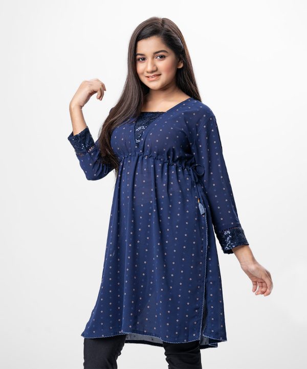 Navy Blue all-over printed Straight-cut Kameez in Georgette fabric. Designed with a V-neck and three-quarter sleeves. Sequined net attachment at the front and cuffs. Detailed with adjustable tasselled waist cords on the left side.