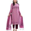 Floral printed viscose straight Salwar Kameez. Three-quarter sleeved, round neck, karchupi with mirror work. Half-silk dupatta with pant-style pajamas.