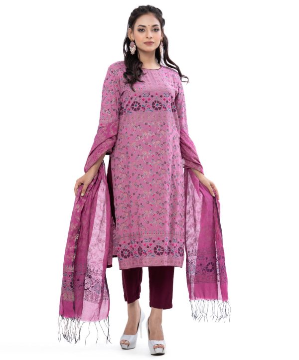 Floral printed viscose straight Salwar Kameez. Three-quarter sleeved, round neck, karchupi with mirror work. Half-silk dupatta with pant-style pajamas.