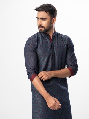 Blue fitted Panjabi in jacquard Cotton fabric. Designed with a mandarin collar and matching metal buttons on the placket.