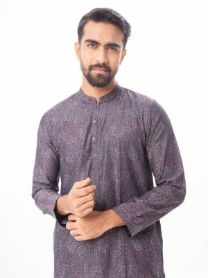 Black fitted Panjabi in Jacquard Cotton fabric. Designed with a mandarin collar and matching metal button on the placket.