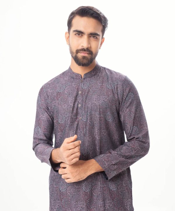 Black fitted Panjabi in Jacquard Cotton fabric. Designed with a mandarin collar and matching metal button on the placket.