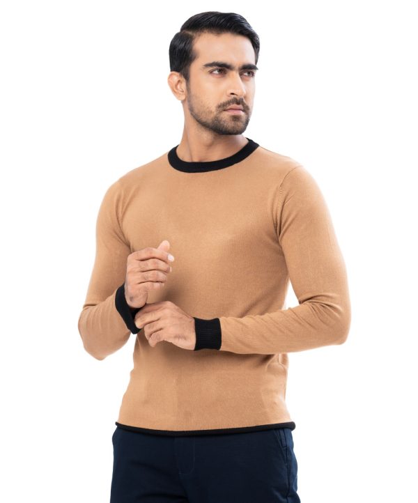 Brown Sweater in Cotton knit fabric. Round neck and long sleeves. Ribbed neckline, cuffs, and hem.