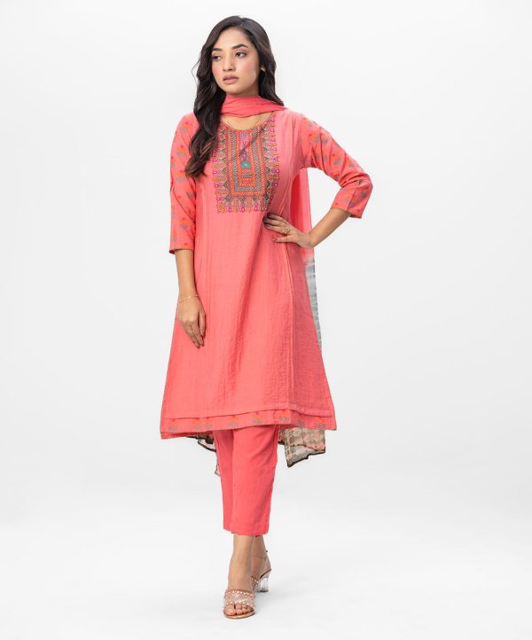 Cotton blended A-Line style Salwar Kameez. Three-quarter sleeved, karchupi with beads. Tie-dye printed chiffon dupatta with pant-style pajamas.