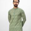 Green fitted Panjabi in printed Cotton fabric. Designed with a mandarin collar and matching metal buttons on the placket.