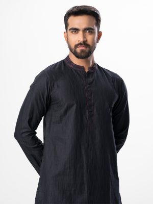 Black semi-fitted Panjabi in jacquard Cotton fabric. Designed with embroidery on the collar and placket.