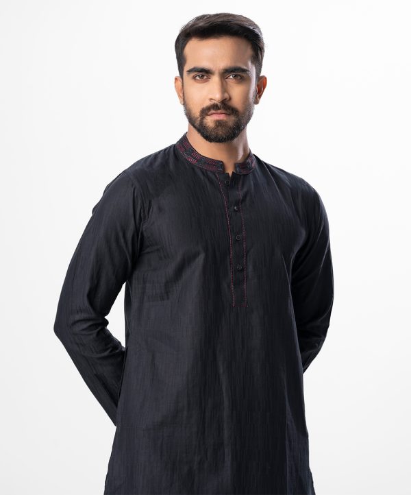 Black semi-fitted Panjabi in jacquard Cotton fabric. Designed with embroidery on the collar and placket.