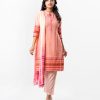 Peach all-over printed Salwar Kameez in Cotton-blend and Viscose fabric. The Kameez is designed with a round neck and three-quarter sleeves. Embellished printed patch attachment at the front. Complemented by palazzo pants and a chiffon dupatta.