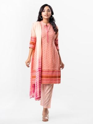 Peach all-over printed Salwar Kameez in Cotton-blend and Viscose fabric. The Kameez is designed with a round neck and three-quarter sleeves. Embellished printed patch attachment at the front. Complemented by palazzo pants and a chiffon dupatta.