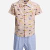 Brown Cotton all-over printed shirt pants set in soft cotton fabric. The casual-style shirt is designed with a classic collar and a chest pocket. Paired with a classic short pants with elasticated waistline and side pockets.