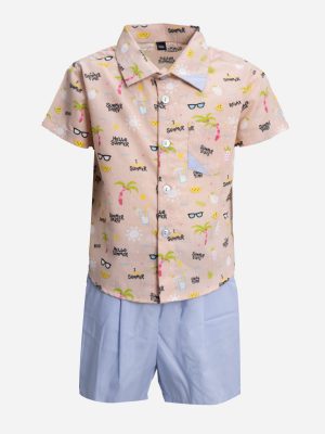 Brown Cotton all-over printed shirt pants set in soft cotton fabric. The casual-style shirt is designed with a classic collar and a chest pocket. Paired with a classic short pants with elasticated waistline and side pockets.