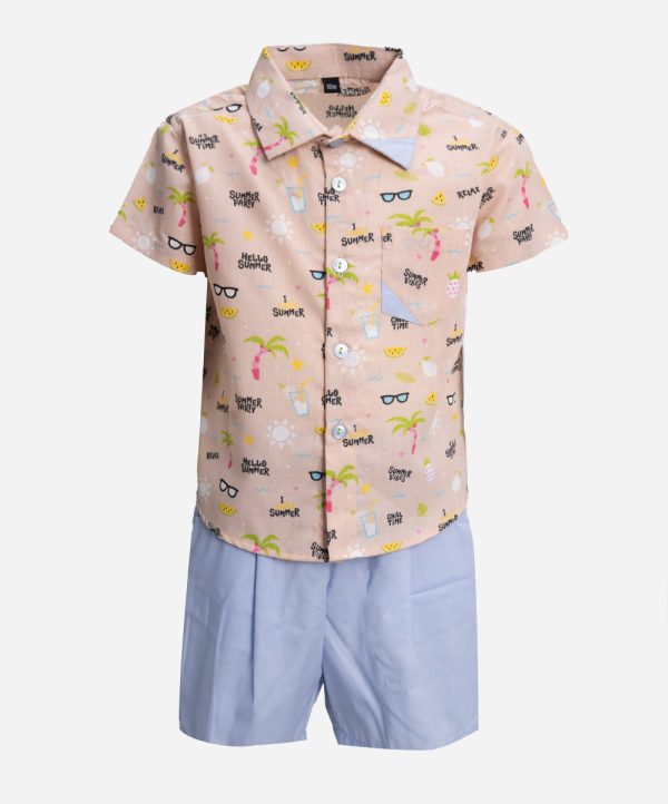 Brown Cotton all-over printed shirt pants set in soft cotton fabric. The casual-style shirt is designed with a classic collar and a chest pocket. Paired with a classic short pants with elasticated waistline and side pockets.