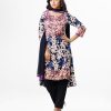 Floral printed high-low style Georgette Salwar Kameez. Semi-sweetheart neckline, three-quarter sleeved, karchupi with mirror work. Half-silk dupatta with pant-style pajamas.