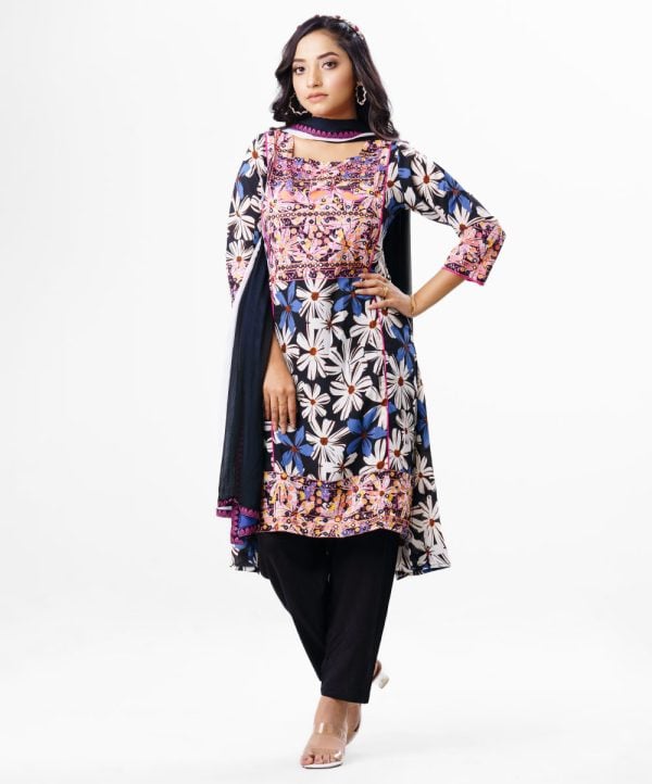 Floral printed high-low style Georgette Salwar Kameez. Semi-sweetheart neckline, three-quarter sleeved, karchupi with mirror work. Half-silk dupatta with pant-style pajamas.