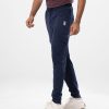 Navy Blue Trousers in interlock Cotton blend fabric. Designed with elasticized waistband with adjustable drawstring and side pockets with zipper. Leg pockets with flap.