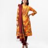 Yellow and Maroon all-over printed Salwar Kameez in Viscose fabric. The Kameez features a band neck and full sleeves. Embellished with karchupi and pin tucks at the front. Complemented by maroon culottes pants and a printed half-silk dupatta.