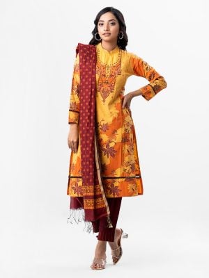 Yellow and Maroon all-over printed Salwar Kameez in Viscose fabric. The Kameez features a band neck and full sleeves. Embellished with karchupi and pin tucks at the front. Complemented by maroon culottes pants and a printed half-silk dupatta.