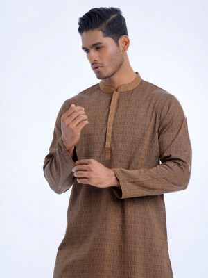 Brown fitted panjabi in Jacquard Cotton fabric. Designed with a mandarin collar and hidden button placket.