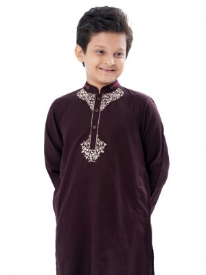 Sepia black Panjabi in Jacquard Cotton fabric. Embellished with minimal karchupi at the top front. Matching metal buttons on the placket.