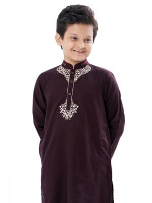 Sepia black Panjabi in Jacquard Cotton fabric. Embellished with minimal karchupi at the top front. Matching metal buttons on the placket.