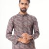 Gray Brown semi-fitted Panjabi in printed Cotton fabric. Designed with a mandarin collar and matching metal buttons on the placket.