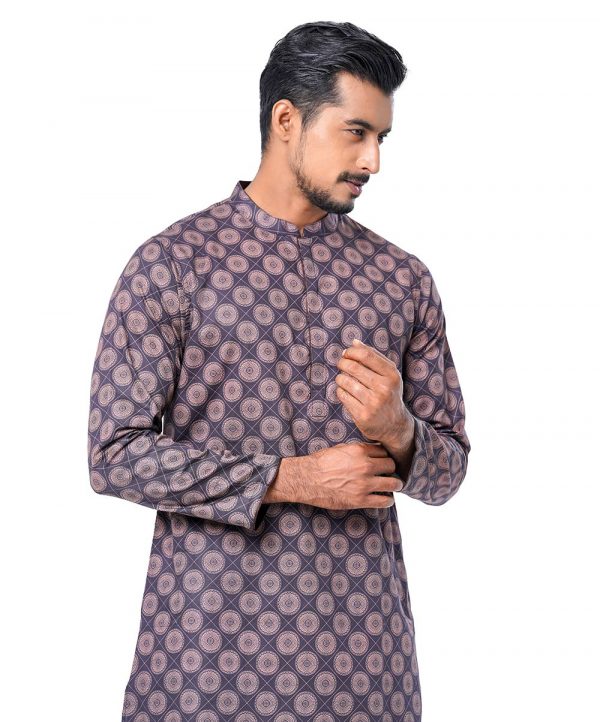 Blue fitted Panjabi in printed Cotton fabric. Designed with a mandarin collar and hidden button placket.