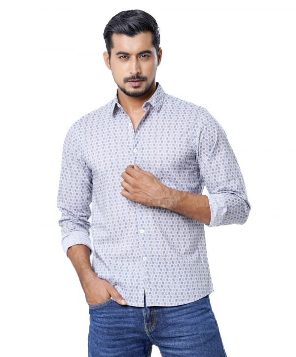 Gray casual shirt in printed Cotton fabric. Designed with a classic collar and long sleeves with adjustable buttons at the cuffs. Slim fit.