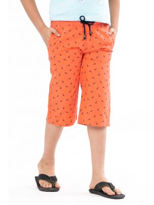 Coral orange all-over printed three-quarter pants in twill Cotton fabric. Five pockets, Covered elastic with adjustable drawstring at hemline & zipper fly.