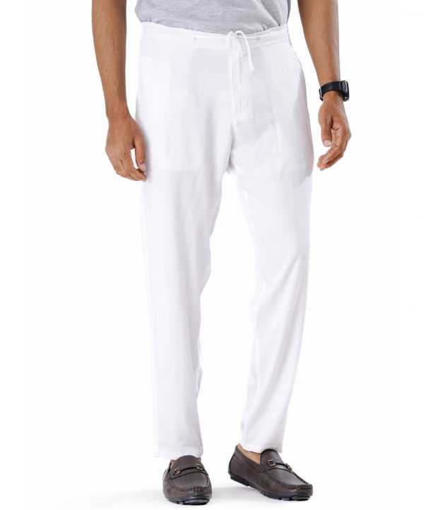 White Premium Pant Pajamas in premium-quality soft Cotton fabric. Five pockets, button fastening with adjustable drawstring on the front & zipper fly.