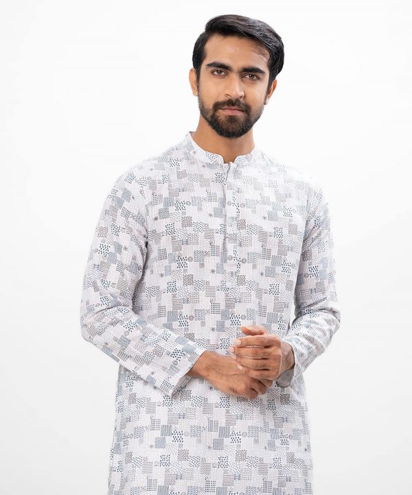 White all-over printed fitted Panjabi in slab Cotton fabric. Designed with a mandarin collar and hidden button placket.