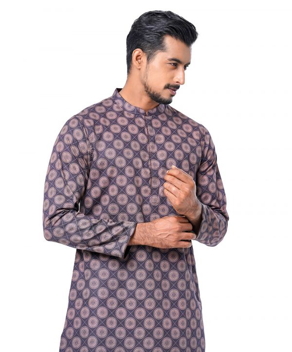Blue semi-fitted Panjabi in printed Cotton fabric. Designed with a mandarin collar and hidden button placket.