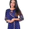 Blue all-over printed retro-wrap pattern Kameez in Georgette fabric. Designed with a round neck and three-quarter sleeves. Printed patch attachment at the front and cuffs. Unlined.