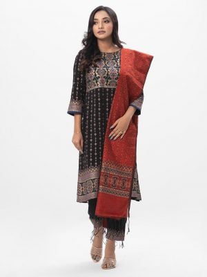 Black all-over printed Salwar Kameez in Viscose fabric. The Kameez is designed with a round neck and three-quarter sleeves. Embellished with karchupi at the top front. Complemented by culottes pants with print on the border lines and a half-silk dupatta.