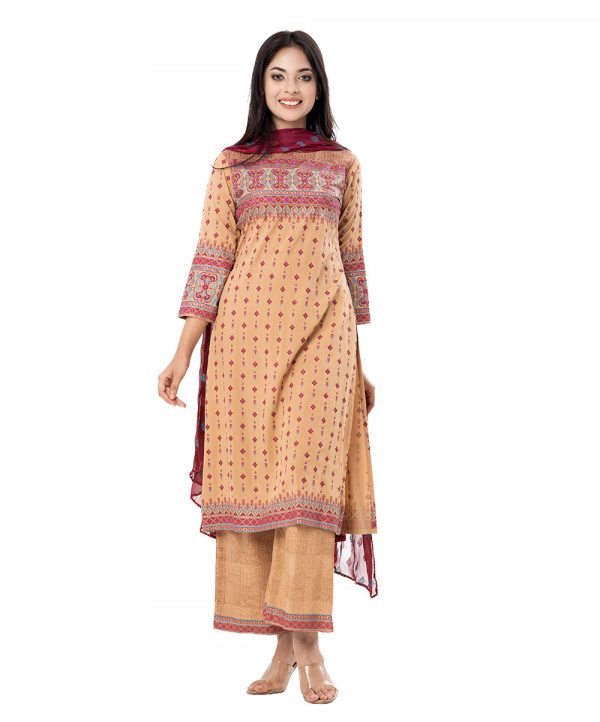 Brown all-over printed Salwar Kameez in Viscose fabric. The Kameez is designed with a round neck and three-quarter sleeves. Embellished with embroidery at the top front. Complemented by palazzo pants with matching patches on border lines and a printed chiffon dupatta.