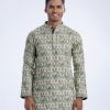 Green fitted panjabi in printed Cotton fabric. Designed with a mandarin collar and hidden button placket.
