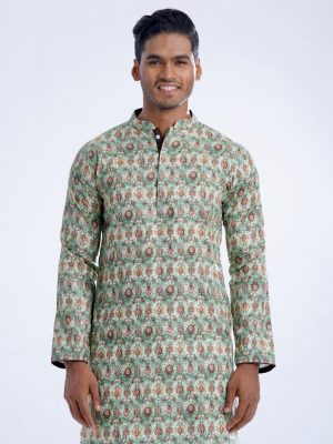 Green fitted panjabi in printed Cotton fabric. Designed with a mandarin collar and hidden button placket.