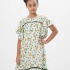 Mint Green A-line Frock in printed Georgette fabric. Designed with a round neck and butterfly sleeves. Detailed with lace and pin tucks at the top front. Viscose lining in half body. Buttoned opening at the back.