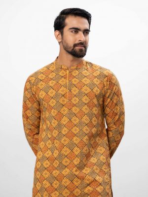 Mustard Yellow all-over printed semi-fitted Panjabi in slab Viscose fabric. Designed with a mandarin collar and hidden button placket.