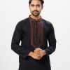 Black fitted Panjabi in Jacquard Cotton fabric. Embellished with embroidery on the collar and placket.