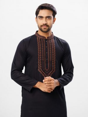 Black fitted Panjabi in Jacquard Cotton fabric. Embellished with embroidery on the collar and placket.