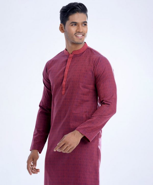Red semi-fitted panjabi in Jacquard Cotton fabric. Designed with a mandarin collar and hidden button placket.