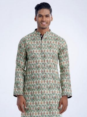 Green semi-fitted panjabi in printed Cotton fabric. Designed with a mandarin collar and hidden button placket.