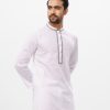 White semi-fitted Panjabi in Jacquard Cotton fabric. Designed with a mandarin collar and matching metal buttons on the placket.